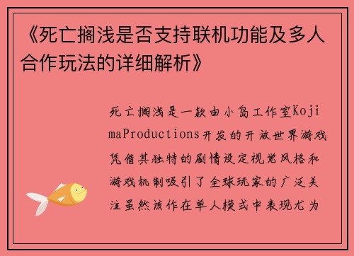 《死亡搁浅是否支持联机功能及多人合作玩法的详细解析》